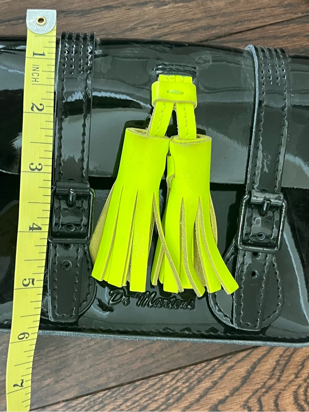 Dr Martens Black Patent Crossbody Bag with Neon Yellow Tassel - Picture 12 of 13